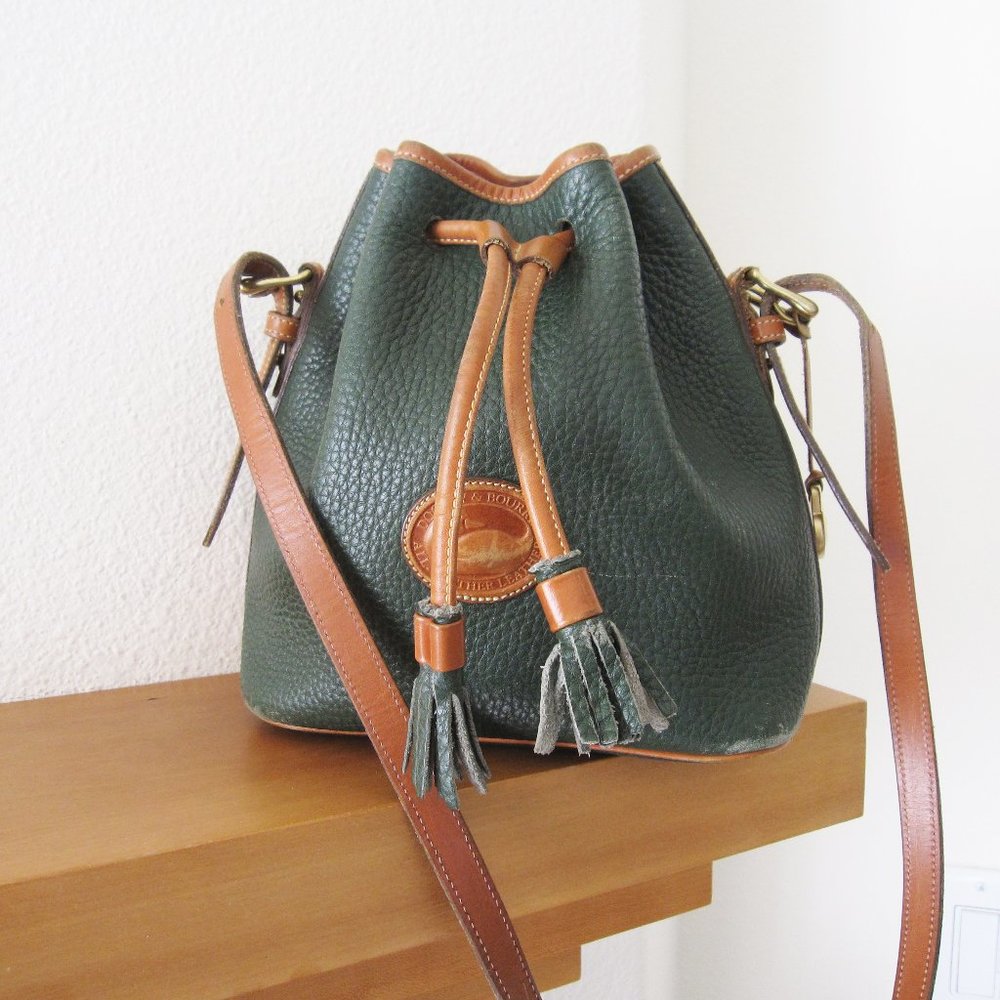 Dooney & Bourke Green Pebbled Leather Drawstring Bucket Bag with Brown Trim